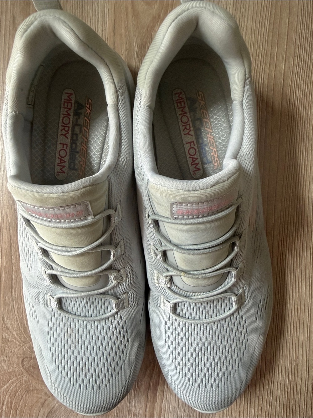 Skechers memory foam Women's Slip-On Athletic Sneakers in Light Gray and Cream